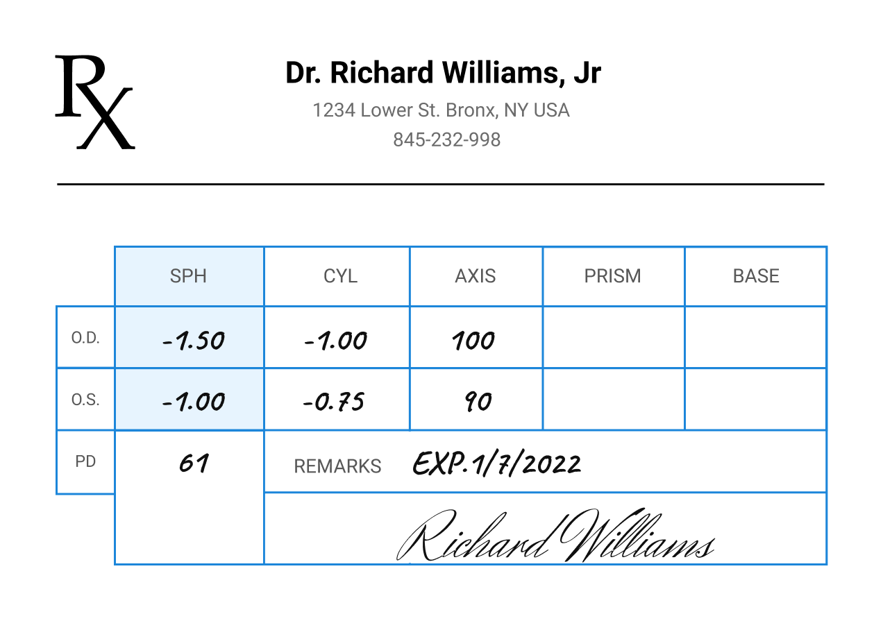 prescription example distance and near vision