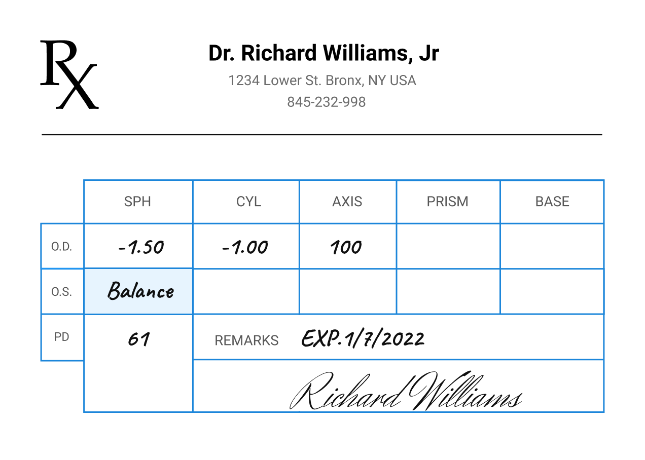 prescription example plano and DS