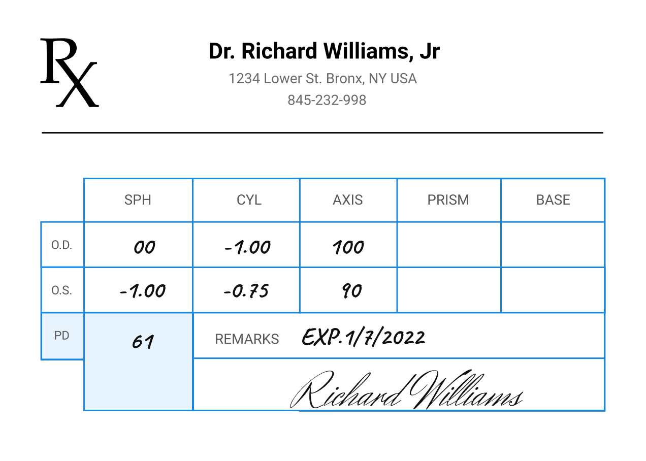 prescription example pupillary distance